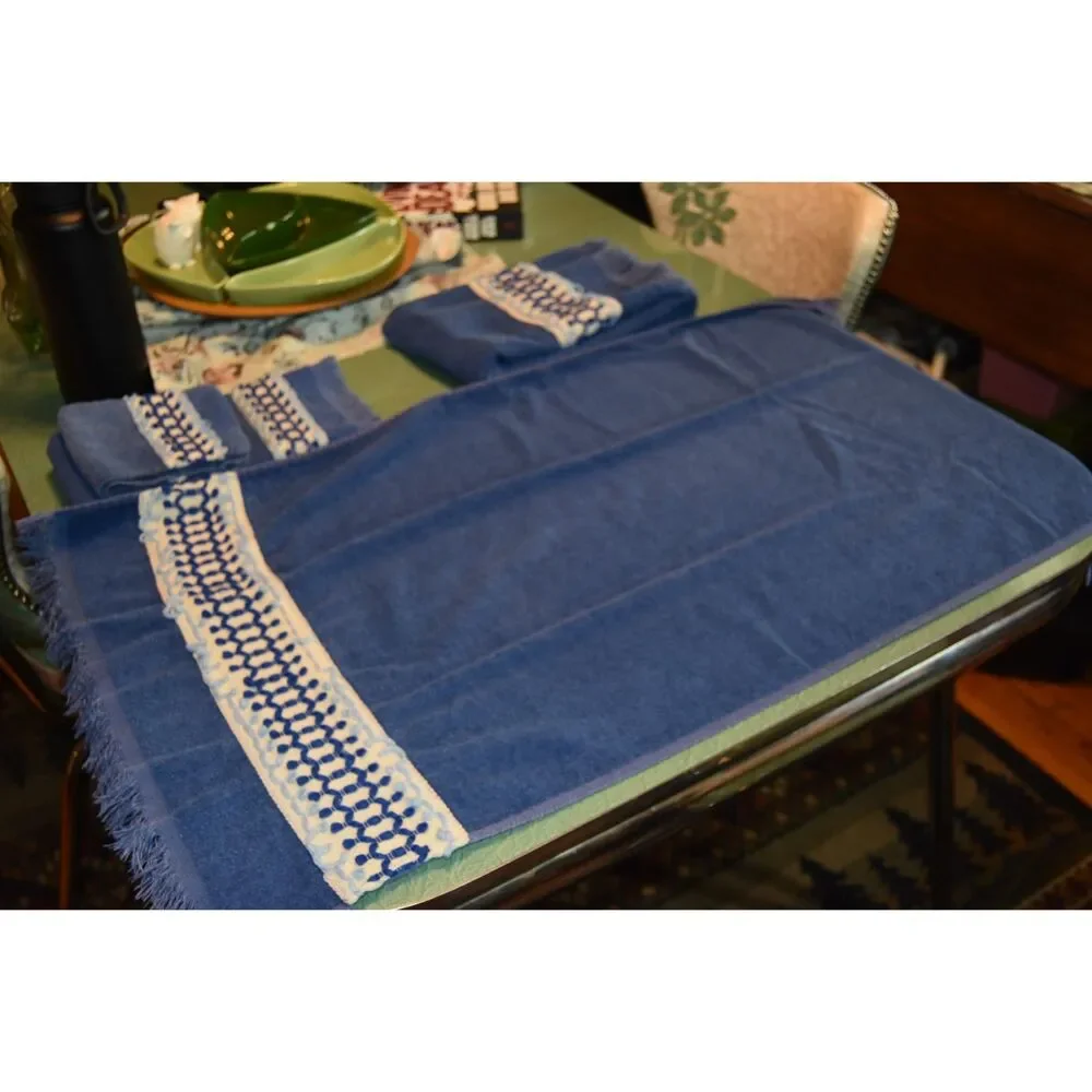 Vintage Cannon Blue Bath Towel Set Cotton Terry Fringe Geometric Trim 60s 70s